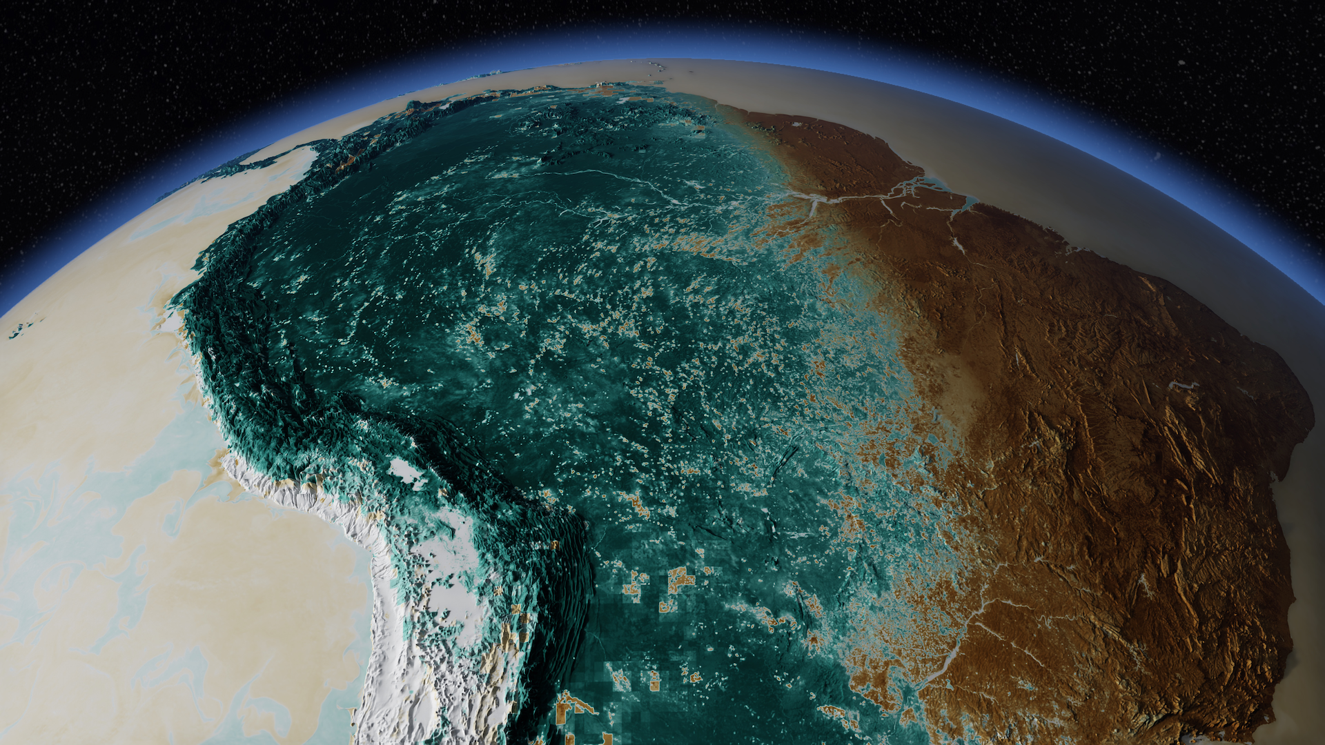 CO2 exchange between the air and the sea or the air and land in the Amazon basin at the unprecedented resolution achieved with ICON (green - CO2 uptake by the terrestrial biosphere or the ocean, brown - CO2 release into the atmosphere (the right side of the image is on the night side) © MPI/DKRZ/NVIDIA